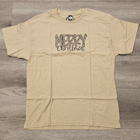 Merry Christmas- cheetah beige/tan T-Shirt unisex Large - Picture 1 of 3